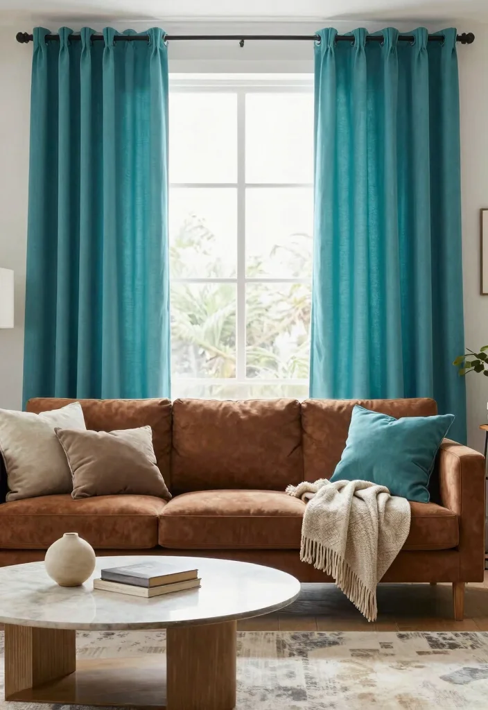 14 Curtains for Brown Couch Ideas That Match Perfectly - 10. Vibrant Teal 1
