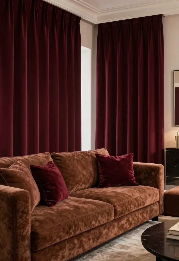 14 Curtains for Brown Couch Ideas That Match Perfectly - 11. Rich Burgundy 1