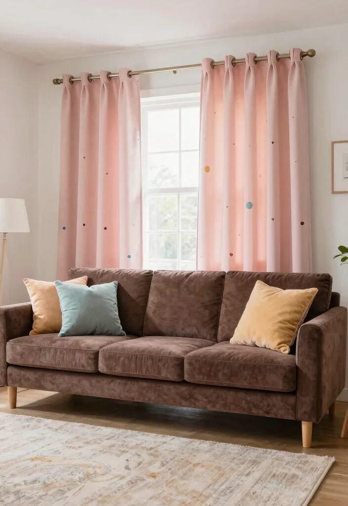 14 Curtains for Brown Couch Ideas That Match Perfectly - 12. Playful Pastels 1