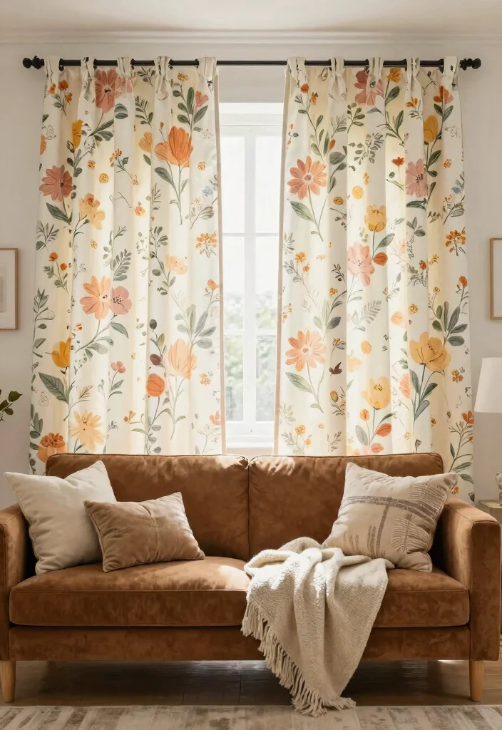 14 Curtains for Brown Couch Ideas That Match Perfectly - 13. Whimsical Floral Prints 1