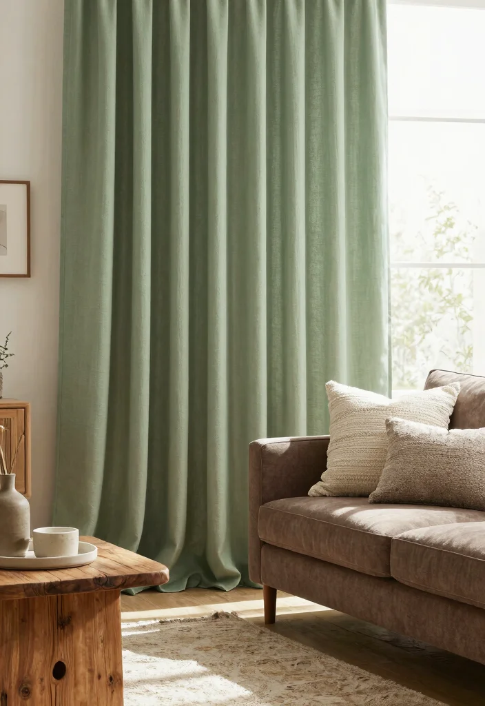 14 Curtains for Brown Couch Ideas That Match Perfectly - 2. Earthy Green Cotton 1