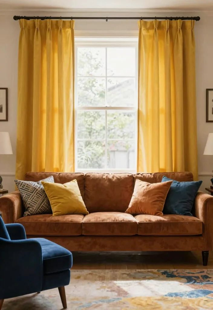14 Curtains for Brown Couch Ideas That Match Perfectly - 3. Warm Mustard Yellow 1