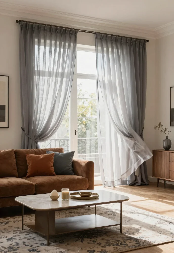 14 Curtains for Brown Couch Ideas That Match Perfectly - 4. Soft Grey Sheers 1