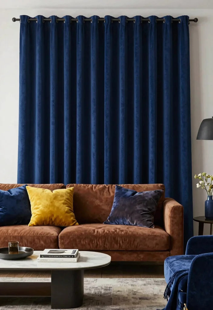 14 Curtains for Brown Couch Ideas That Match Perfectly - 5. Bold Navy Blue 1