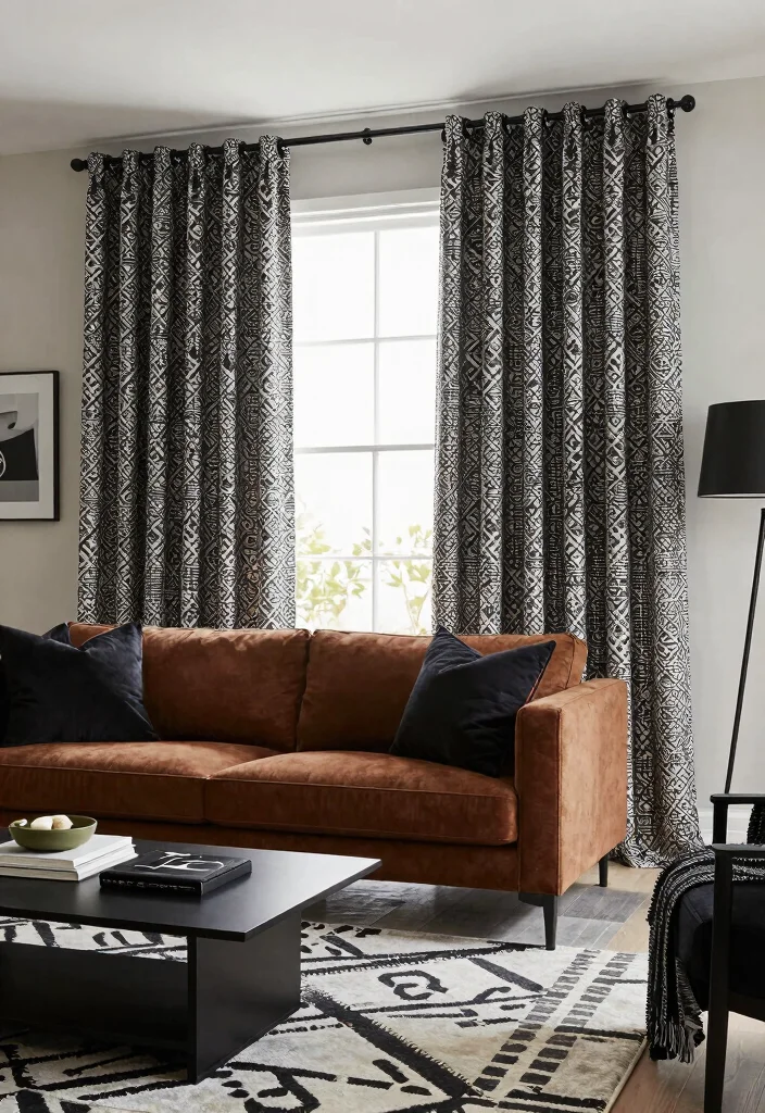 14 Curtains for Brown Couch Ideas That Match Perfectly - 7. Chic Black and White Patterns 1