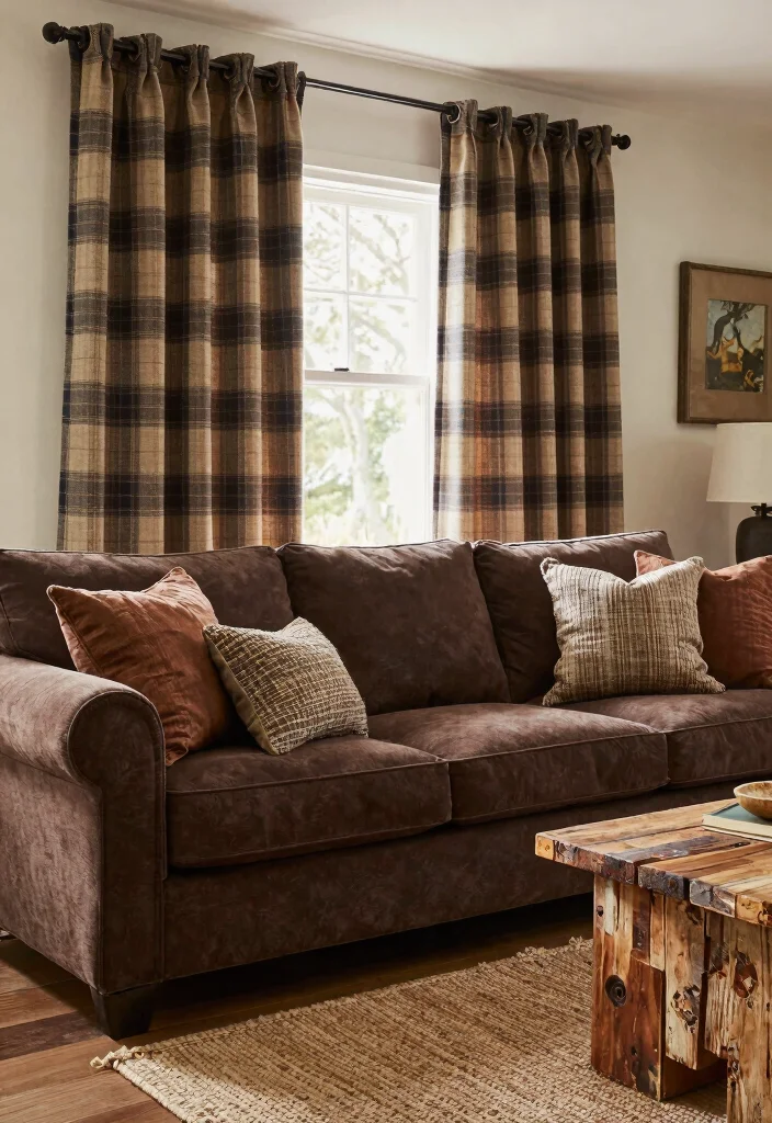 14 Curtains for Brown Couch Ideas That Match Perfectly - 8. Rustic Plaid 1