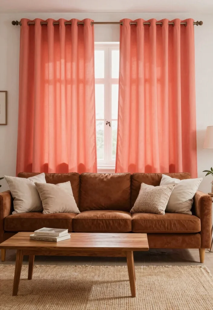 14 Curtains for Brown Couch Ideas That Match Perfectly - 9. Warm Coral Shades 1