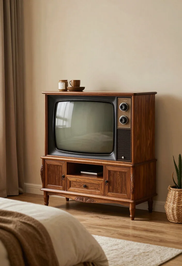 14 Luxury TV Unit Design for Bedroom Ideas That Feel Chic - 10. Vintage Inspired 1