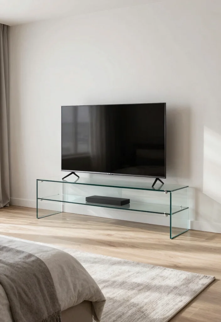 14 Luxury TV Unit Design for Bedroom Ideas That Feel Chic - 11. Minimalist Glass Units 1