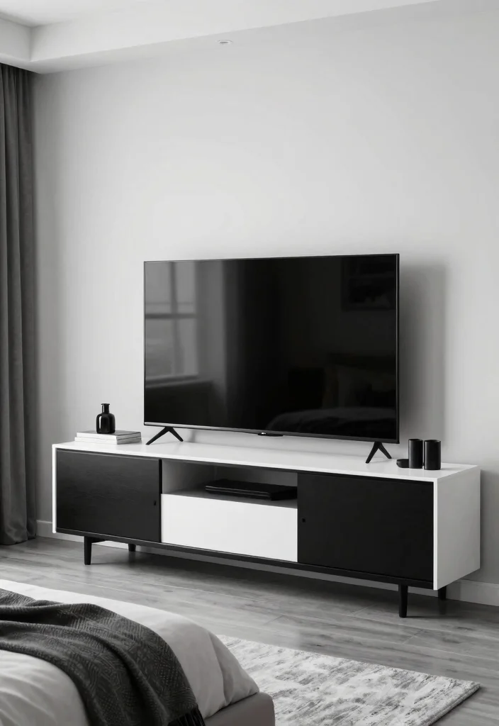14 Luxury TV Unit Design for Bedroom Ideas That Feel Chic - 14. Monochrome Magic 1