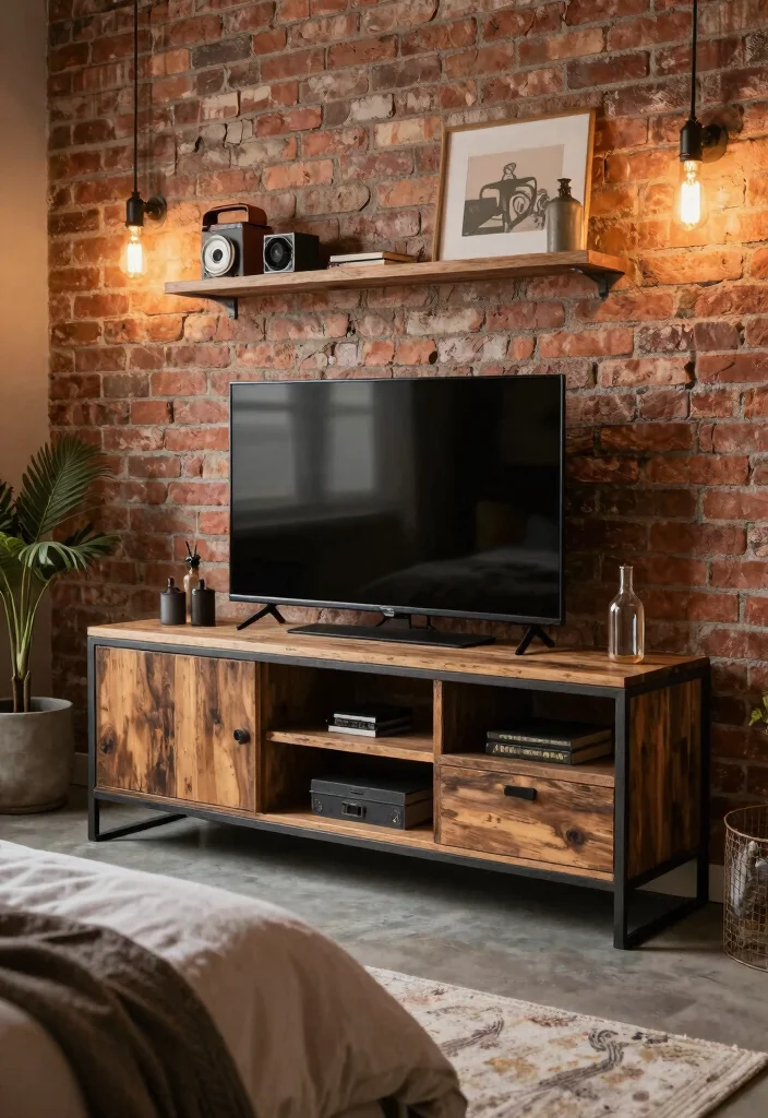 14 Luxury TV Unit Design for Bedroom Ideas That Feel Chic - 2. Industrial Chic 1