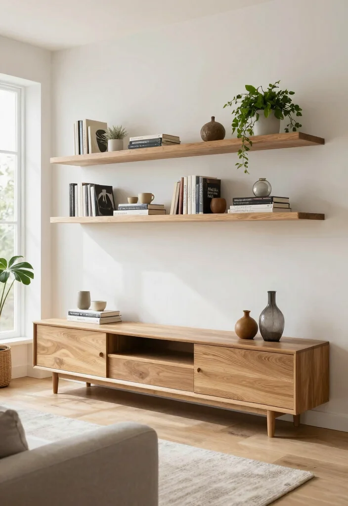 14 Oak TV Unit Ideas With Warm Natural Charm 41 14 Oak TV Unit Ideas With Warm Natural Charm - 11. Oak TV Unit with Floating Shelves 1