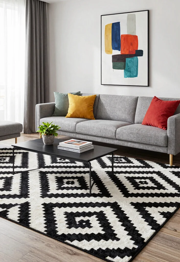 15 Black and White Carpet Living Room Ideas That Pop - 1. Bold Geometric Patterns 1