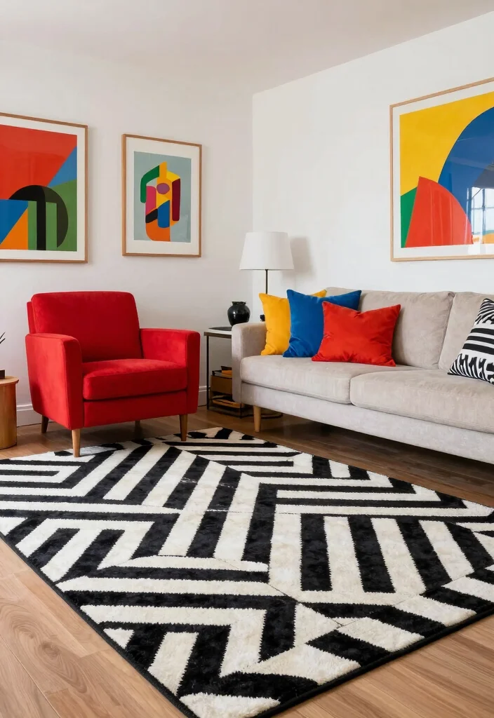 15 Black and White Carpet Living Room Ideas That Pop - 12. High Contrast Accents 1