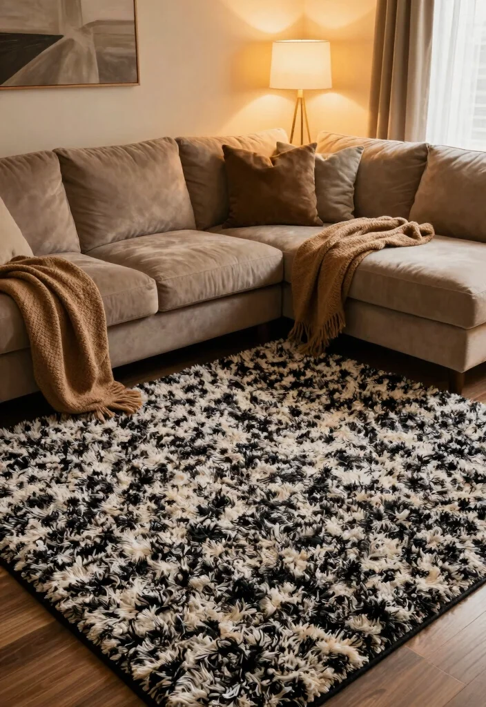 15 Black and White Carpet Living Room Ideas That Pop - 13. Comfort and Warmth 1