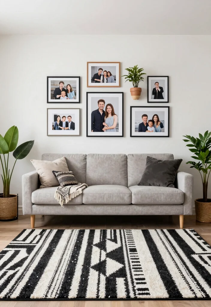 15 Black and White Carpet Living Room Ideas That Pop - 15. Personal Touches 1