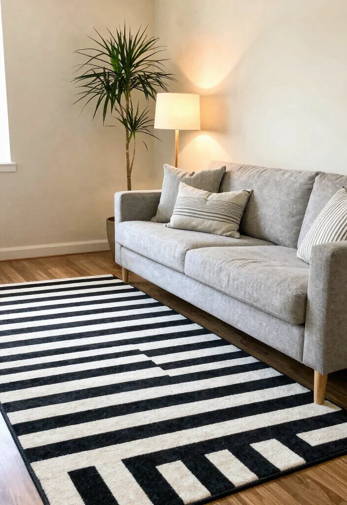 15 Black and White Carpet Living Room Ideas That Pop - 2. Monochrome Stripes 1