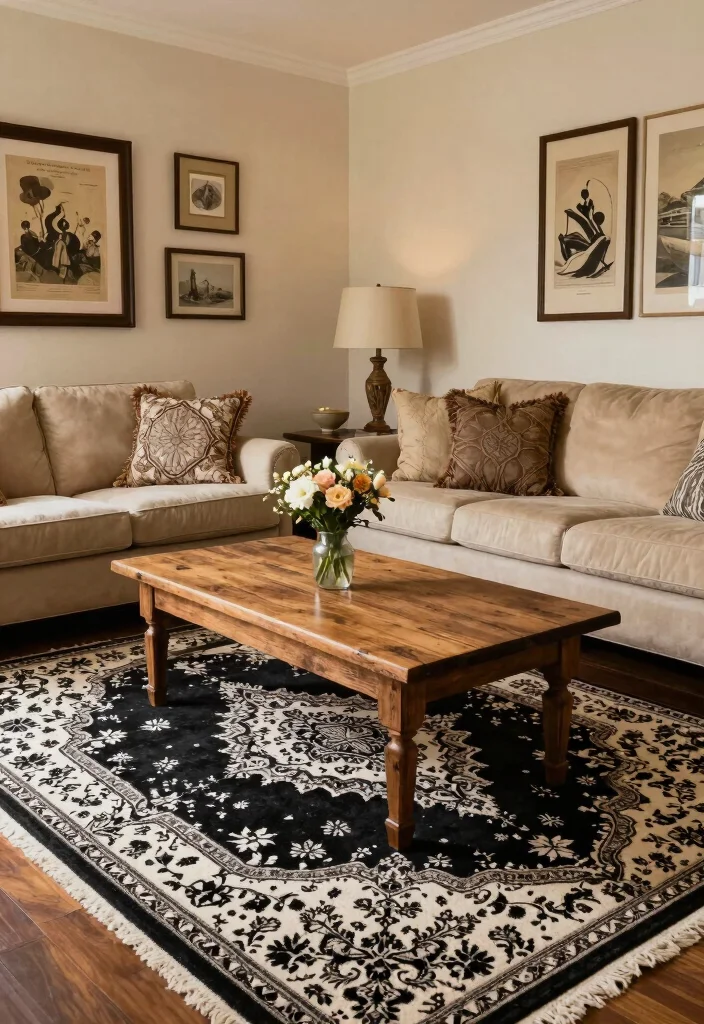 15 Black and White Carpet Living Room Ideas That Pop - 3. Vintage Inspired 1