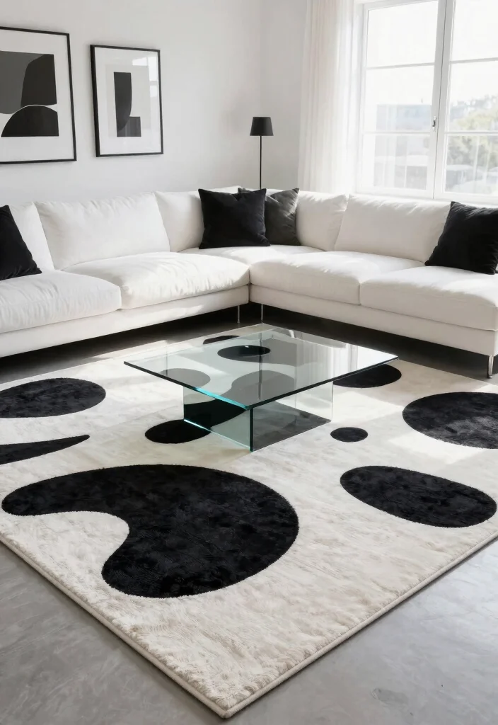 15 Black and White Carpet Living Room Ideas That Pop - 4. Modern Abstract Designs 1