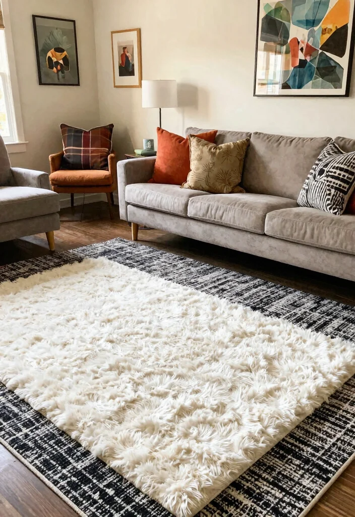 15 Black and White Carpet Living Room Ideas That Pop - 5. Layering with Textiles 1