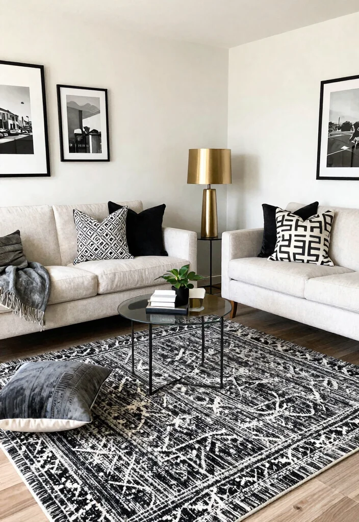 15 Black and White Carpet Living Room Ideas That Pop - 6. Incorporating Accessories 1