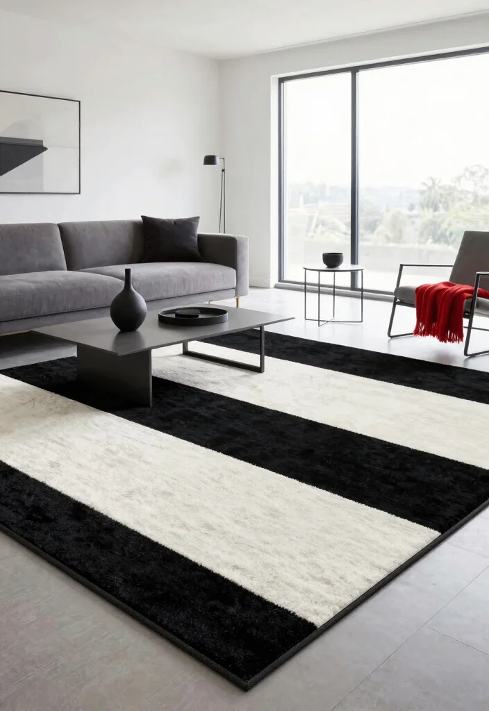 15 Black and White Carpet Living Room Ideas That Pop - 8. Statement Rugs 1