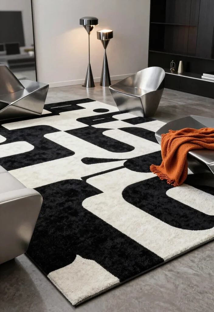 15 Black and White Carpet Living Room Ideas That Pop - 9. Futuristic Designs 1