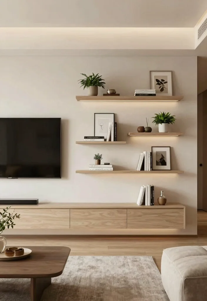 15 Classic TV Unit Design Ideas With Timeless Appeal 12 15 Classic TV Unit Design Ideas With Timeless Appeal - 2. Minimalist Floating Shelves 1