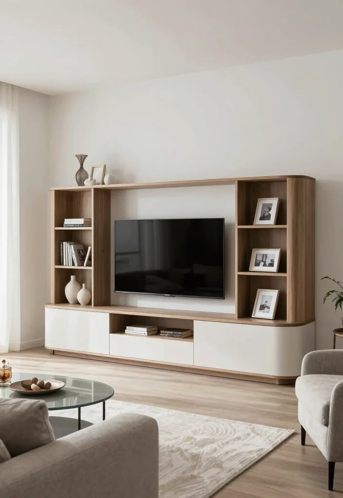 15 Curve TV Unit Design Modern Ideas With Sleek Lines - 14. Curved Units with Open Shelving 1