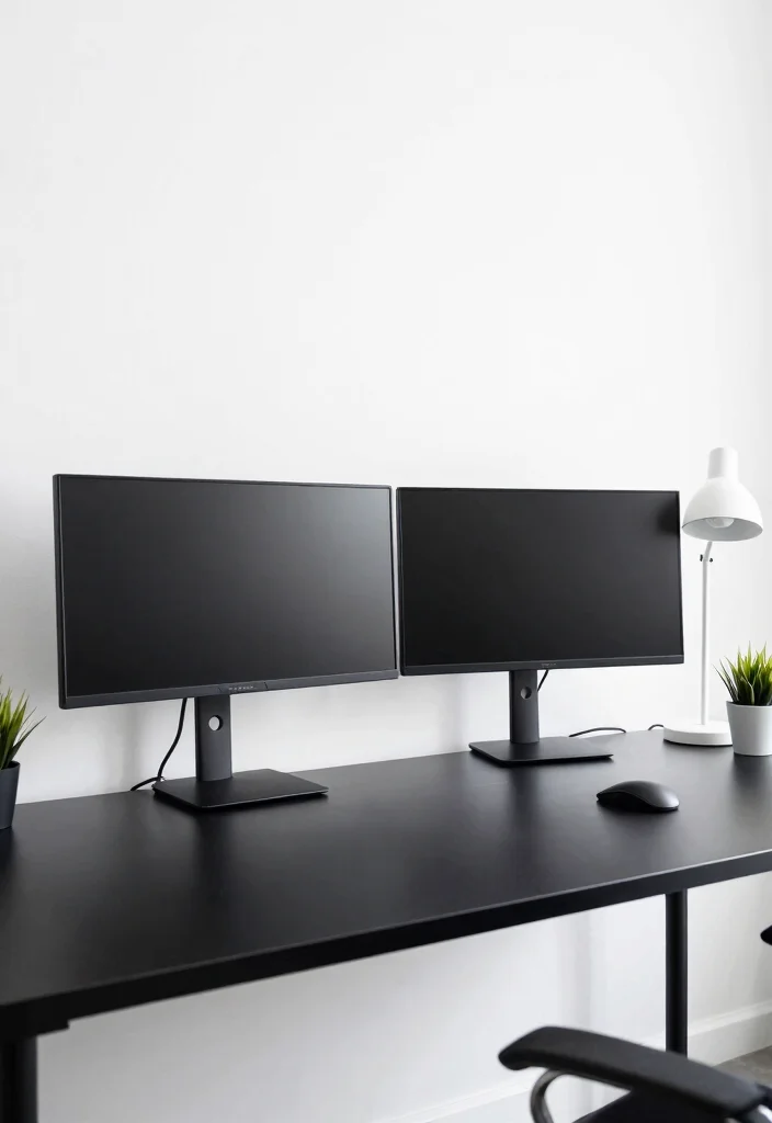 15 Double Monitor Desk Setup Aesthetic Ideas That Impress - 1. Minimalistic Monochrome 1