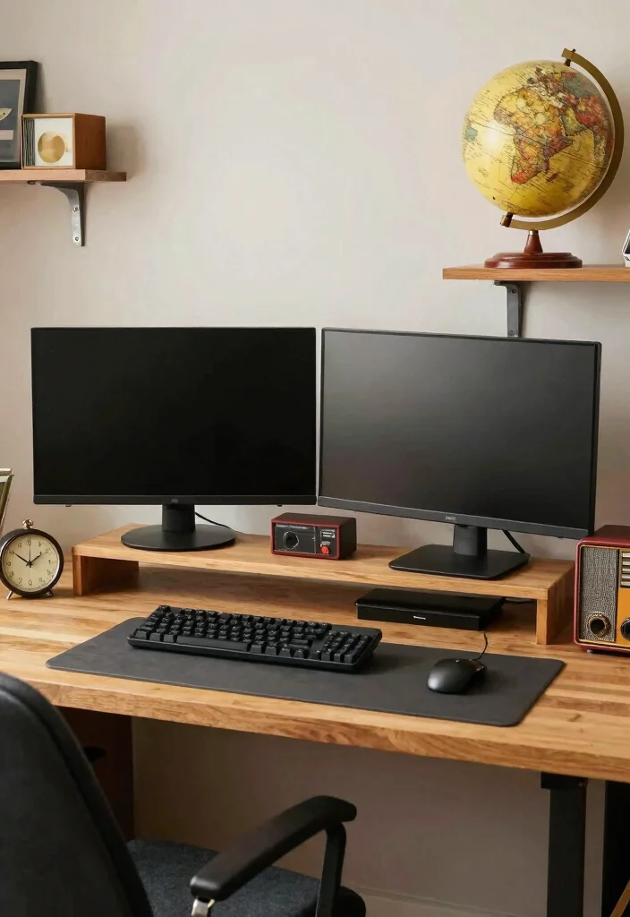 15 Double Monitor Desk Setup Aesthetic Ideas That Impress - 10. Retro Vibes 1