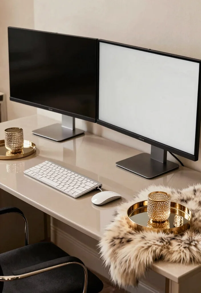 15 Double Monitor Desk Setup Aesthetic Ideas That Impress - 12. Glamorous Touch 1