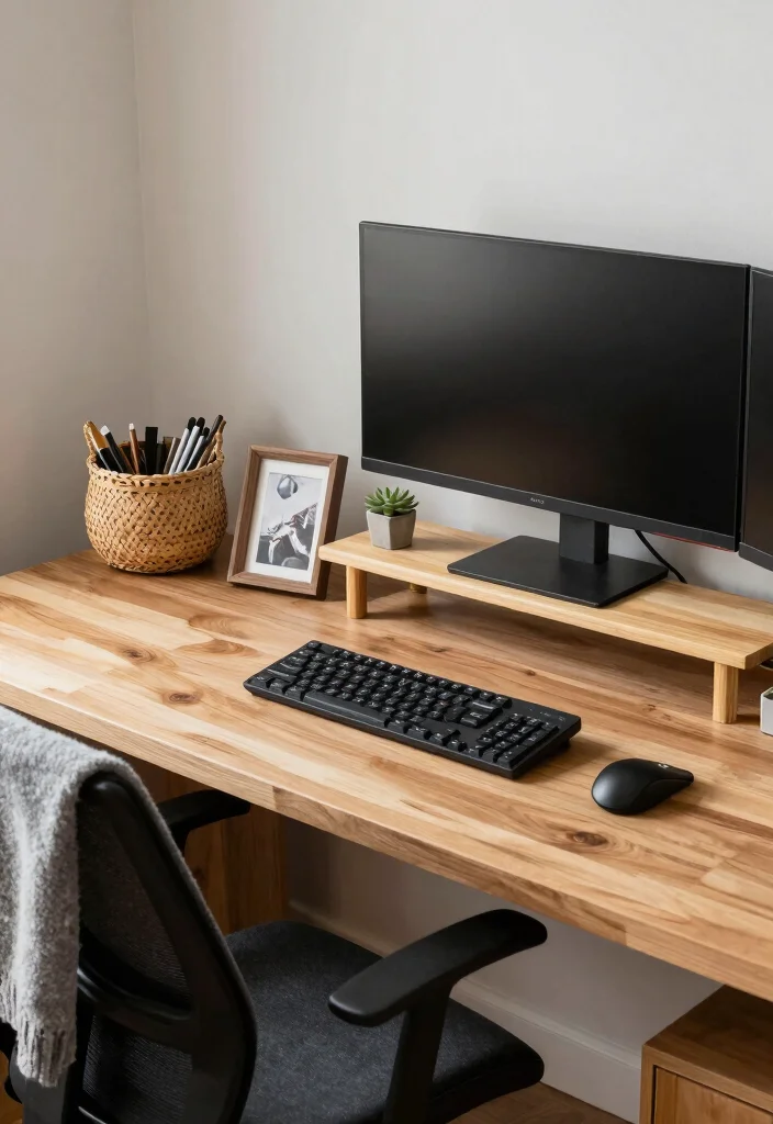 15 Double Monitor Desk Setup Aesthetic Ideas That Impress - 2. Cozy Wood Accents 1