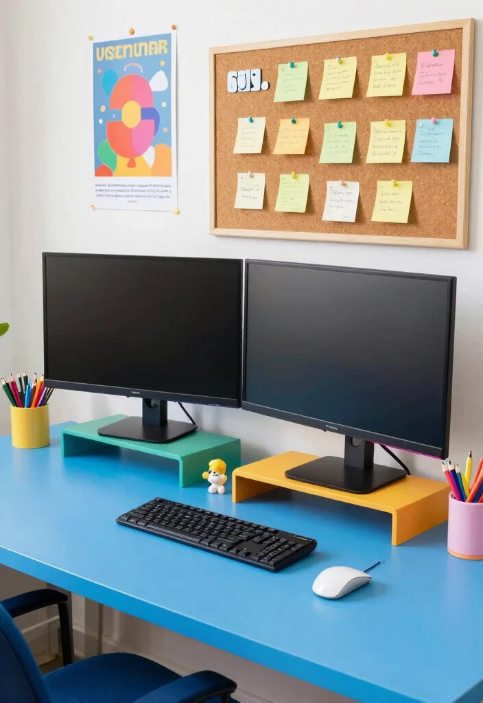 15 Double Monitor Desk Setup Aesthetic Ideas That Impress - 3. Bright and Playful 1