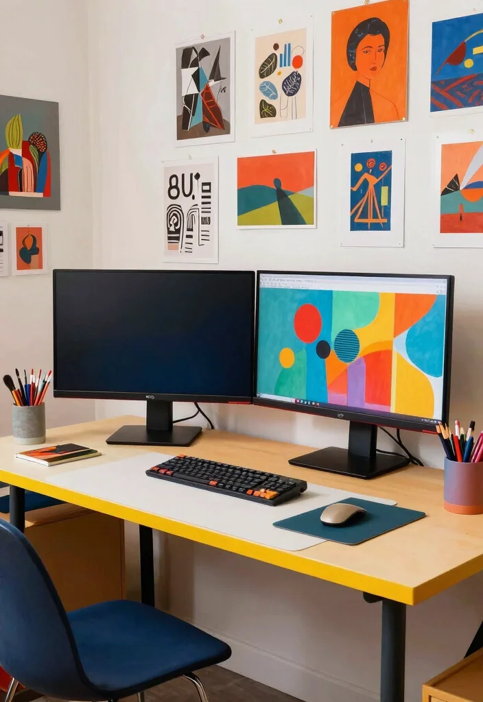 15 Double Monitor Desk Setup Aesthetic Ideas That Impress - 8. Artistic Expression 1