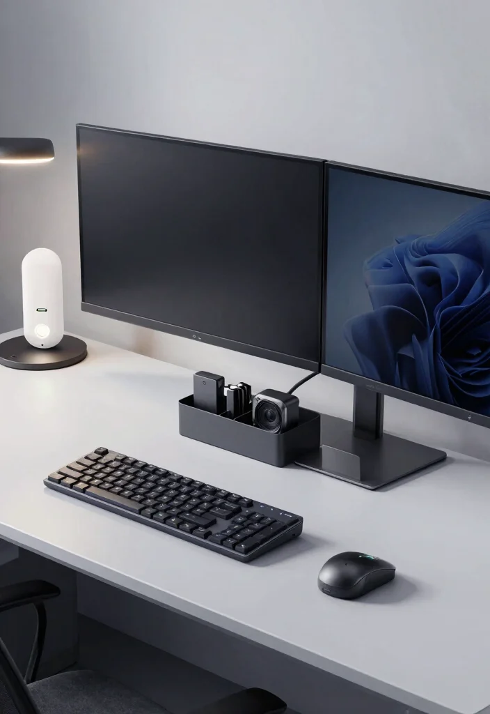 15 Double Monitor Desk Setup Aesthetic Ideas That Impress - 9. Tech-Friendly Design 1