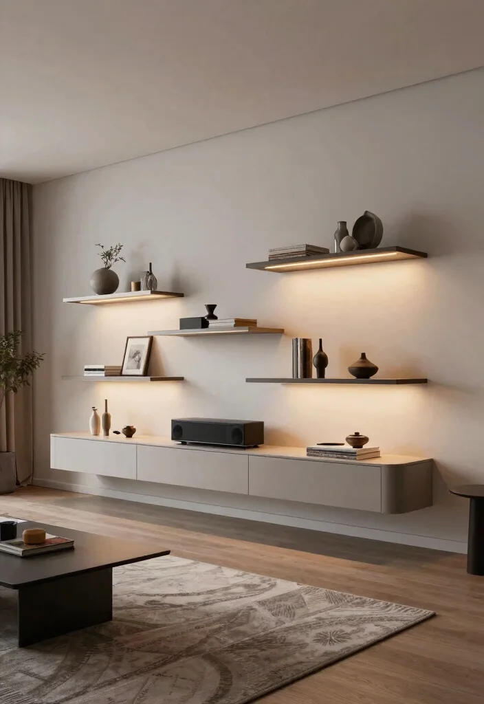 15 Latest TV Unit Designs 2026 Ideas That Feel Futuristic 3 15 Latest TV Unit Designs 2026 Ideas That Feel Futuristic - 3. Futuristic Floating Shelves 1
