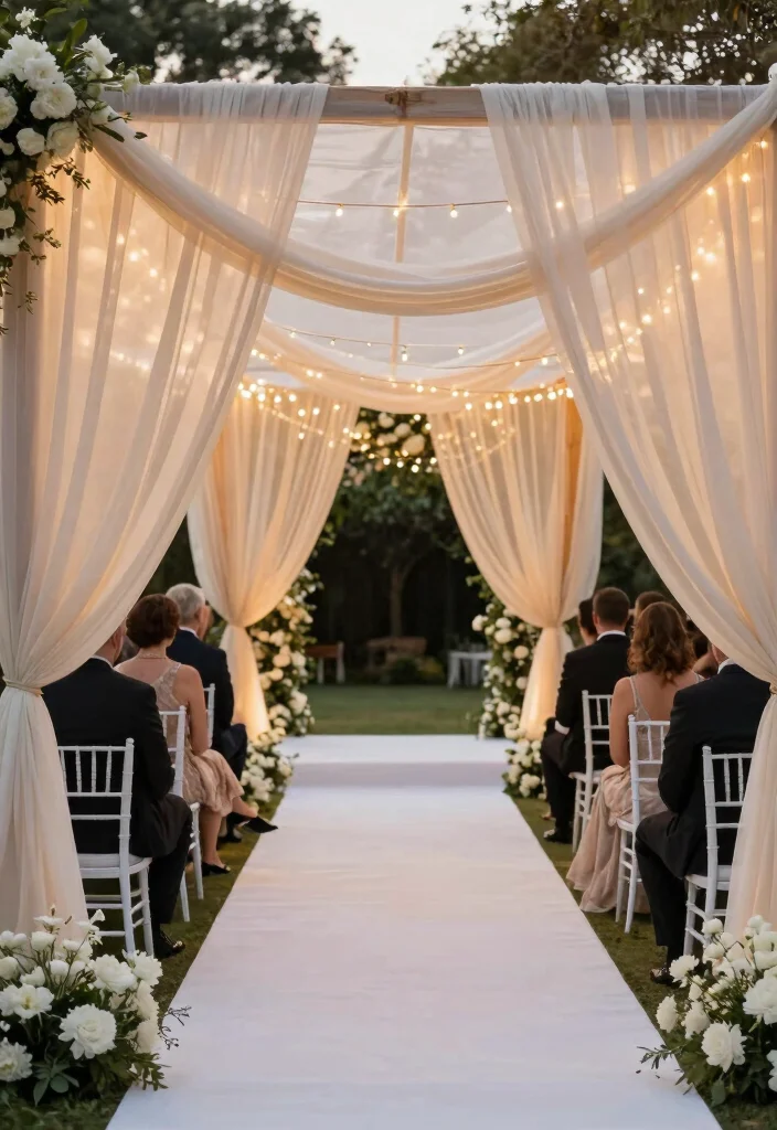 15 White Carpet Wedding Ideas That Look Elegant - 2. Elegant Draped Canopy 1