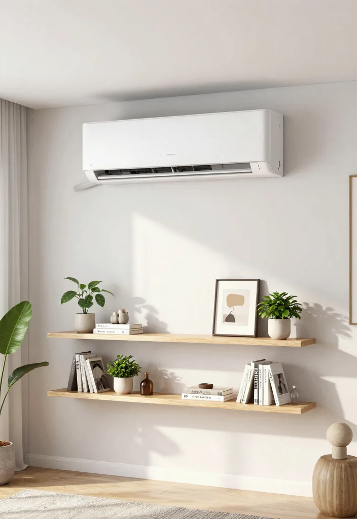 16 AC Wall Unit Cover Up Ideas That Look Seamless - 9. Floating Shelf Design 1