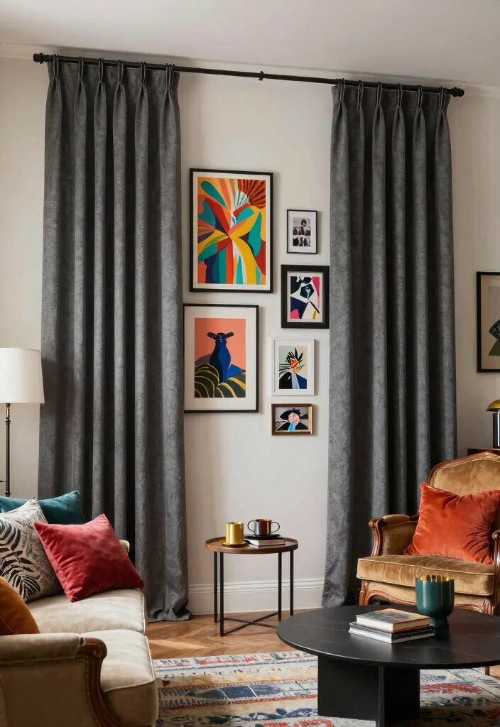 16 Dark Grey Curtains Ideas With Moody Modern Charm 29 16 Dark Grey Curtains Ideas With Moody Modern Charm - 9. Dark Grey Curtains in Eclectic Spaces 1