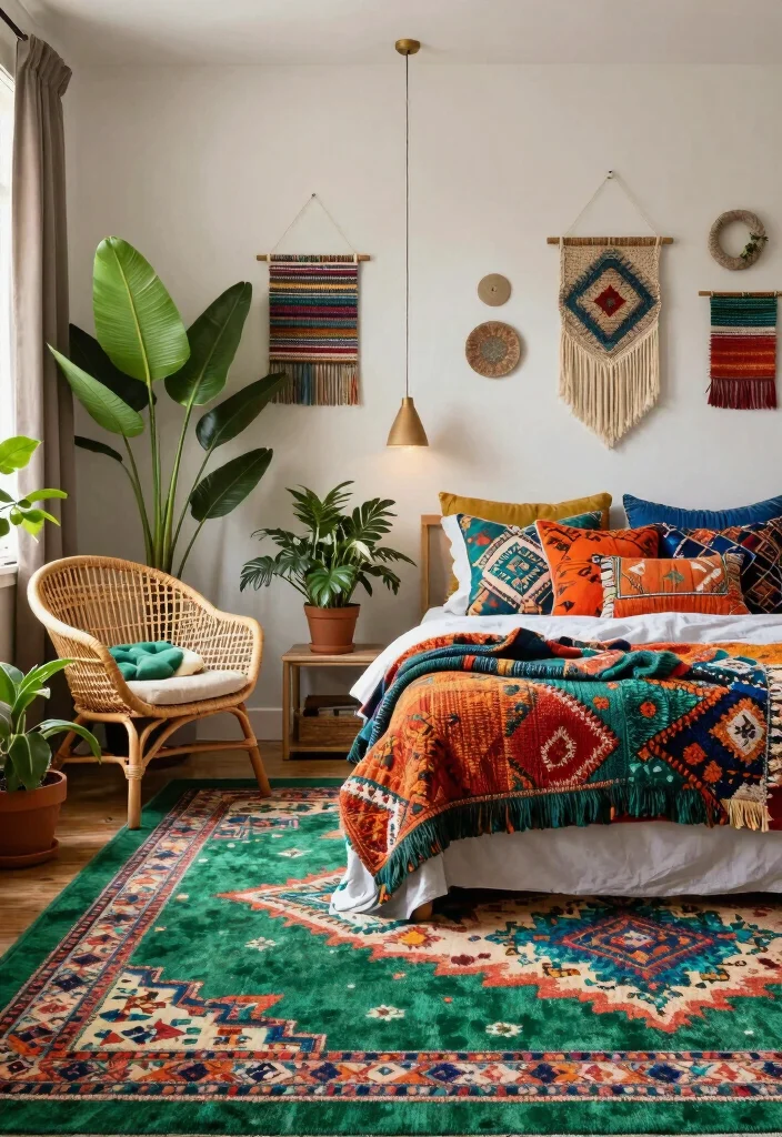 16 Green Carpet Bedroom Ideas With Fresh Vibes - 1. Bohemian Paradise 1