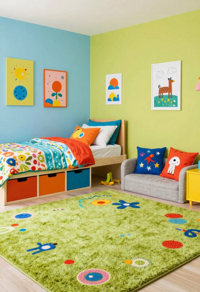 16 Green Carpet Bedroom Ideas With Fresh Vibes - 11. Colorful Kid’s Haven 1