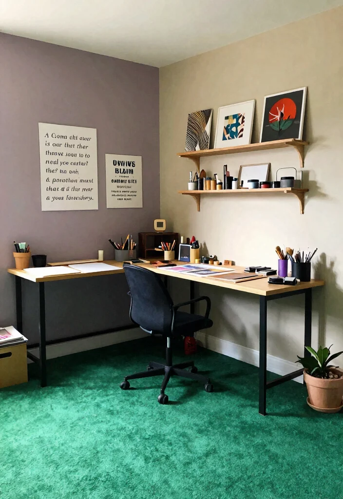 16 Green Carpet Bedroom Ideas With Fresh Vibes - 12. Art Studio Bedroom 1