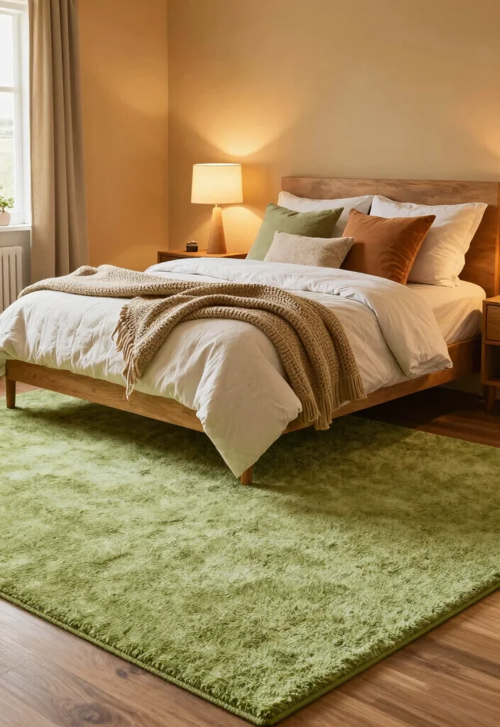 16 Green Carpet Bedroom Ideas With Fresh Vibes - 16. Warm and Cozy Retreat 1