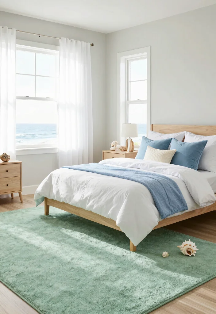 16 Green Carpet Bedroom Ideas With Fresh Vibes - 4. Coastal Retreat 1