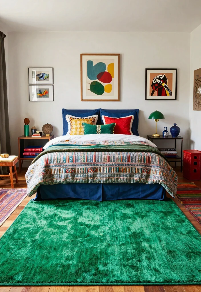 16 Green Carpet Bedroom Ideas With Fresh Vibes - 5. Eclectic Mix 1