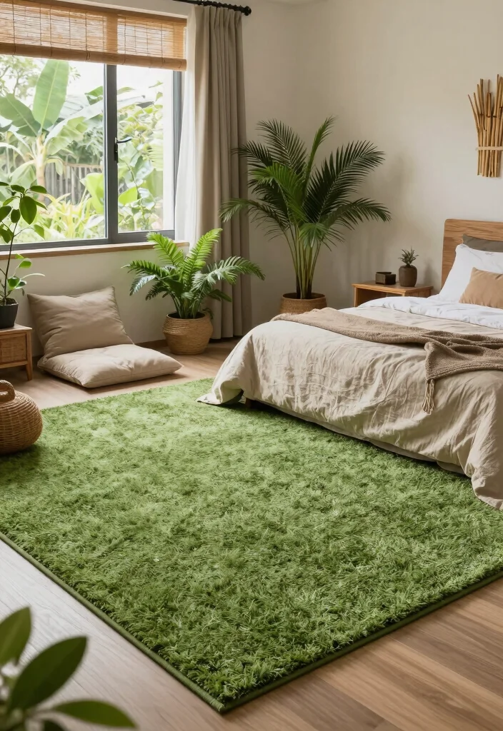16 Green Carpet Bedroom Ideas With Fresh Vibes - 6. Zen Retreat 1