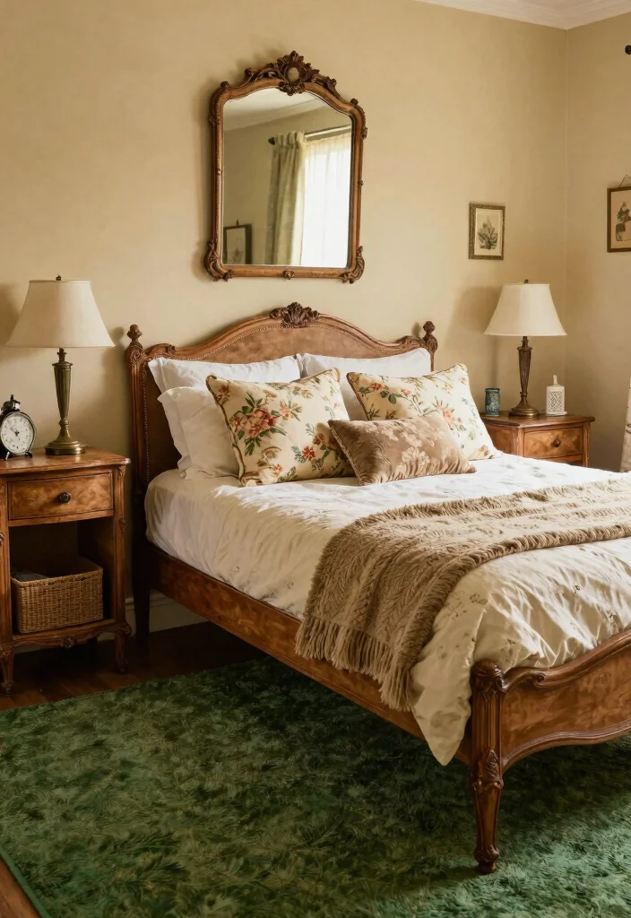 16 Green Carpet Bedroom Ideas With Fresh Vibes - 7. Vintage Elegance 1