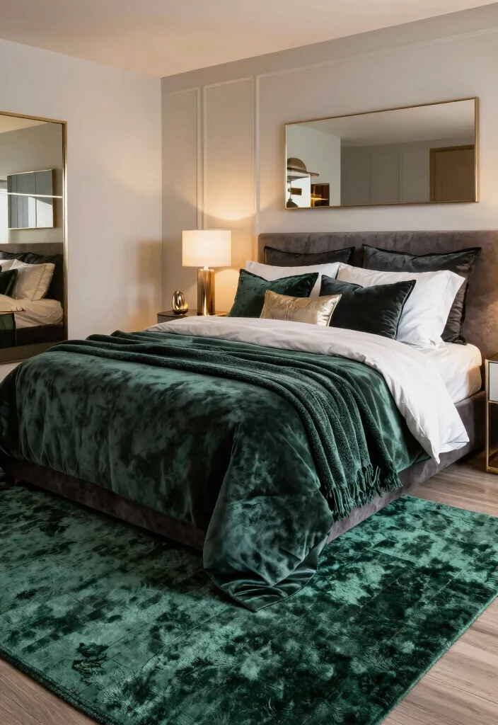 16 Green Carpet Bedroom Ideas With Fresh Vibes - 9. Modern Glam 1