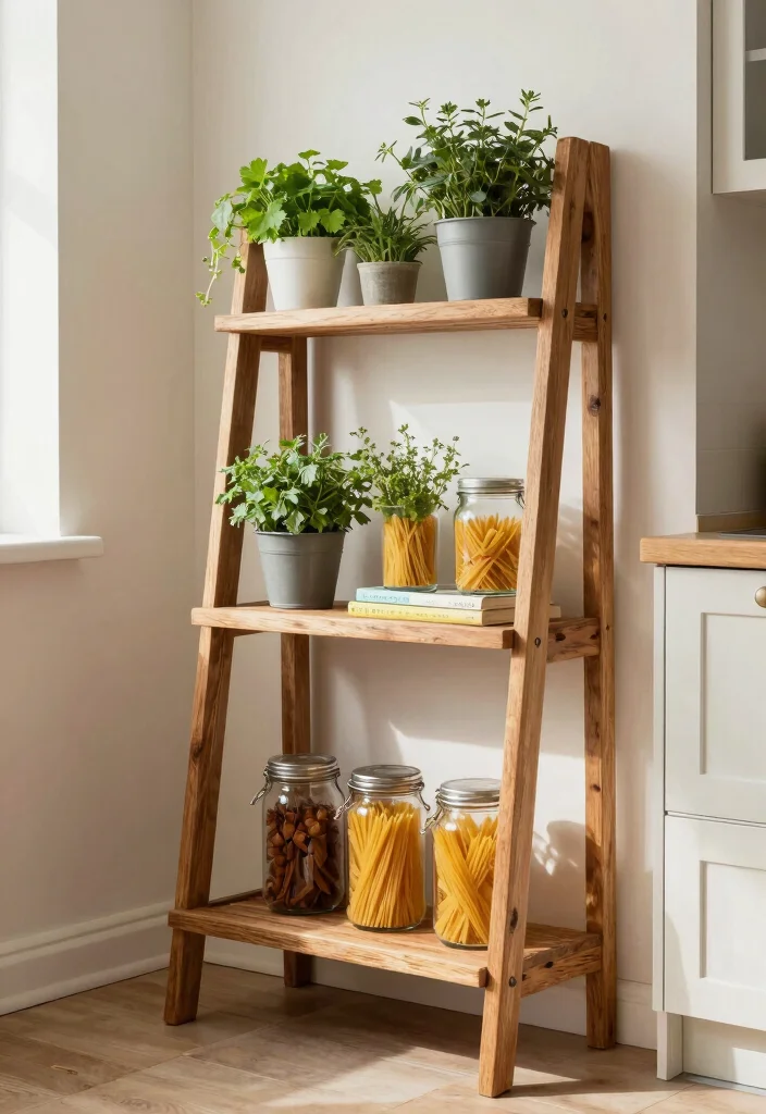 16 Grocery Unit in Kitchen Ideas That Organize Smartly - 4. Ladder Shelves for Vertical Storage 1